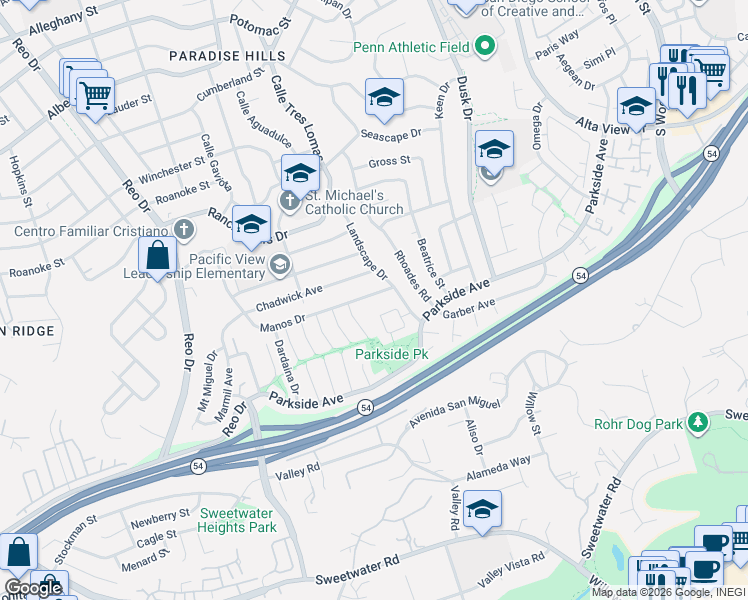 map of restaurants, bars, coffee shops, grocery stores, and more near 3161 Manos Drive in San Diego