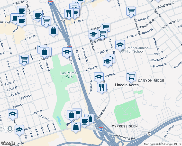 map of restaurants, bars, coffee shops, grocery stores, and more near 2205 Prospect Street in National City