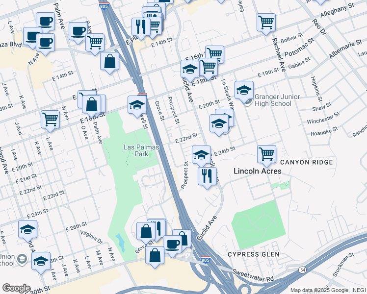 map of restaurants, bars, coffee shops, grocery stores, and more near 2205 Prospect Street in National City