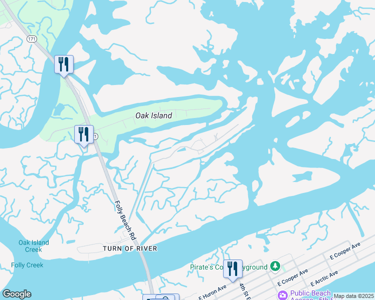 map of restaurants, bars, coffee shops, grocery stores, and more near 229 East Mariners Cay in Folly Beach