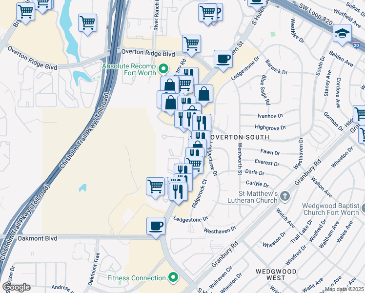 map of restaurants, bars, coffee shops, grocery stores, and more near 5012 Lincoln Oaks Drive North in Fort Worth