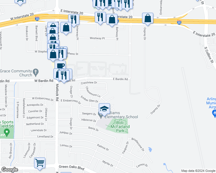 map of restaurants, bars, coffee shops, grocery stores, and more near 4709 Shadow Crest Drive in Arlington