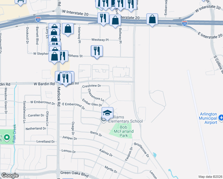 map of restaurants, bars, coffee shops, grocery stores, and more near 4705 Shadow Crest Drive in Arlington