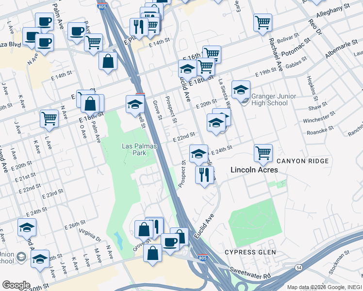 map of restaurants, bars, coffee shops, grocery stores, and more near 2205 Prospect Street in National City