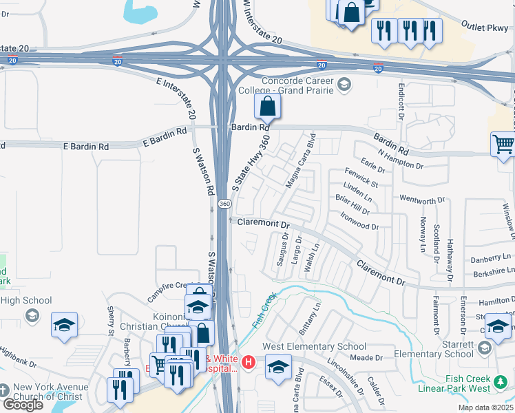 map of restaurants, bars, coffee shops, grocery stores, and more near 4173 Toccata Street in Grand Prairie