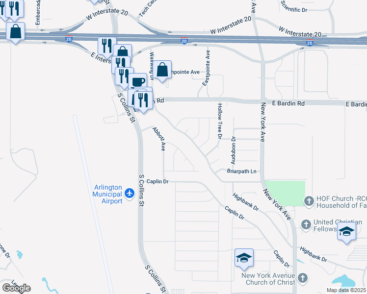 map of restaurants, bars, coffee shops, grocery stores, and more near 1411 Grovecrest Drive in Arlington