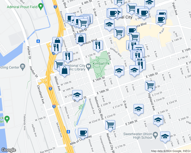 map of restaurants, bars, coffee shops, grocery stores, and more near 49 East 16th Street in National City