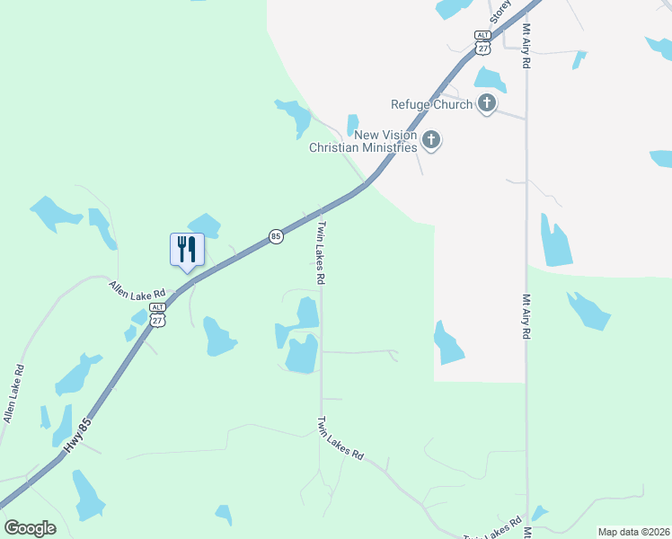 map of restaurants, bars, coffee shops, grocery stores, and more near 97 Twin Lakes Road in Waverly Hall