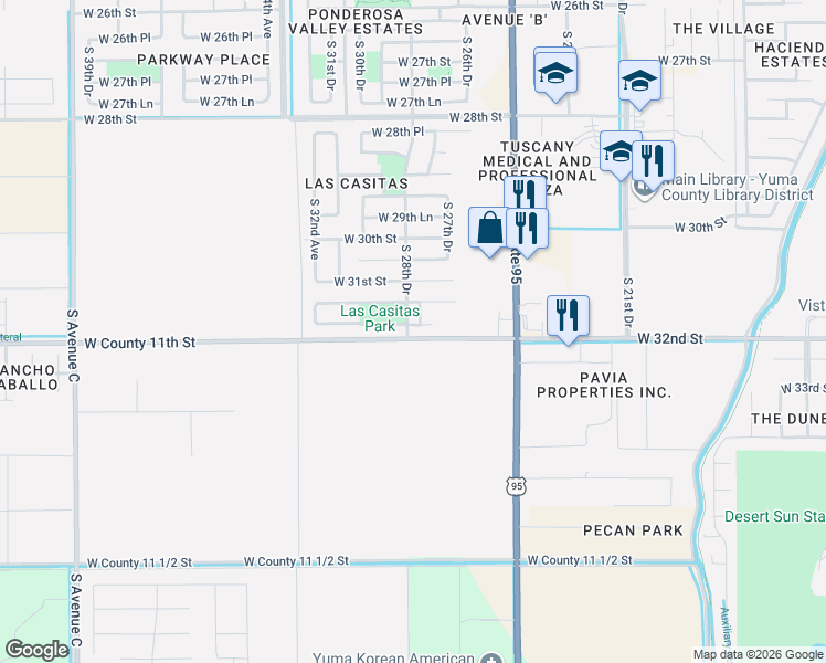 map of restaurants, bars, coffee shops, grocery stores, and more near 2844-2898 West 31st Lane in Yuma