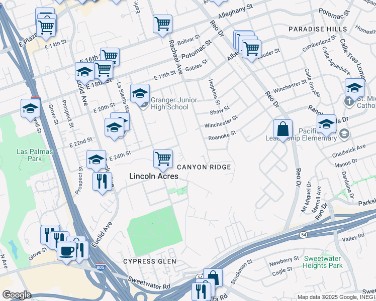 map of restaurants, bars, coffee shops, grocery stores, and more near in Lincoln Acres