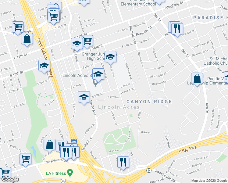 map of restaurants, bars, coffee shops, grocery stores, and more near 2715 East 24th Street in National City