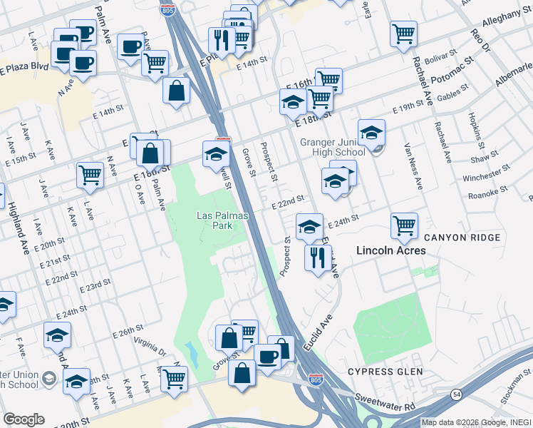 map of restaurants, bars, coffee shops, grocery stores, and more near 2104 East 22nd Street in National City