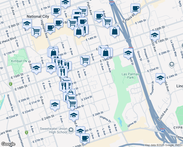 map of restaurants, bars, coffee shops, grocery stores, and more near 1300 East 18th Street in National City