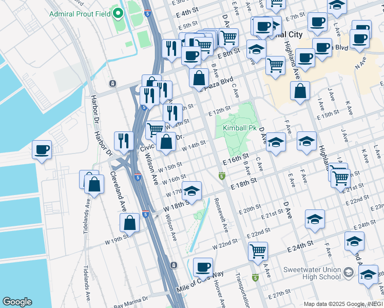 map of restaurants, bars, coffee shops, grocery stores, and more near 126 West 14th Street in National City