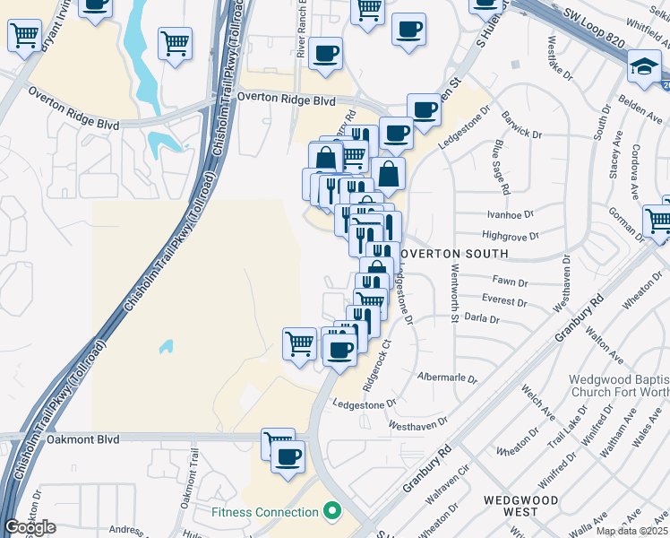 map of restaurants, bars, coffee shops, grocery stores, and more near 5012 Lincoln Oaks Drive North in Fort Worth