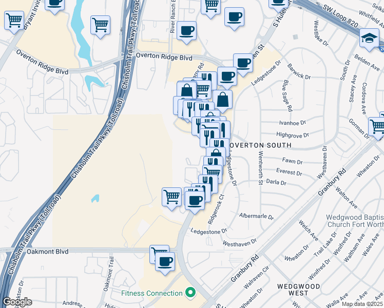 map of restaurants, bars, coffee shops, grocery stores, and more near 5500 South Hulen Street in Fort Worth