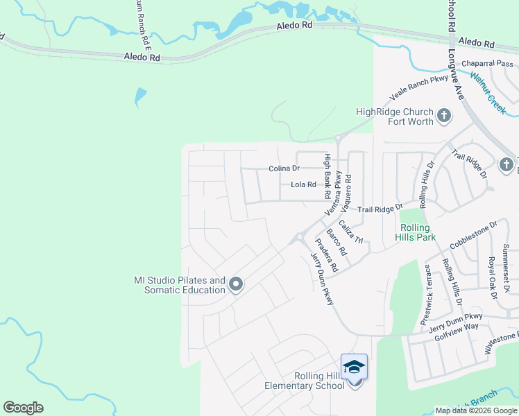 map of restaurants, bars, coffee shops, grocery stores, and more near 5541 Baker Creek Road in Fort Worth