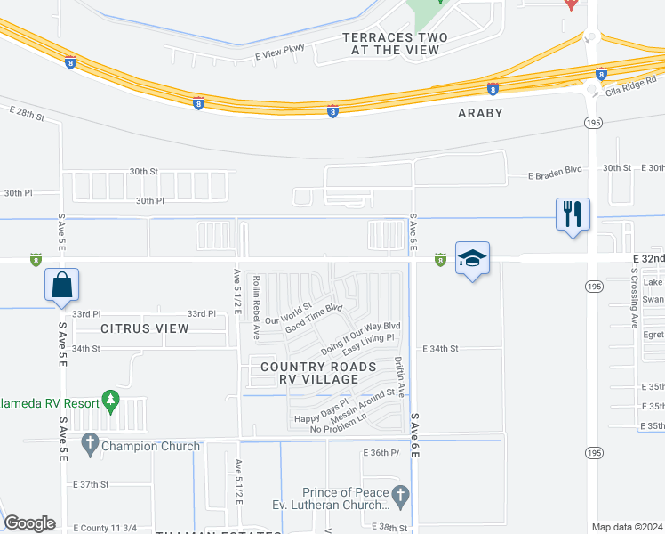 map of restaurants, bars, coffee shops, grocery stores, and more near 5707 Old US Highway 80 in Yuma