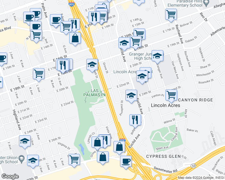 map of restaurants, bars, coffee shops, grocery stores, and more near 2104 East 22nd Street in National City