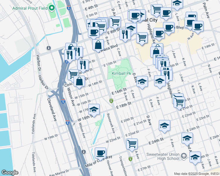 map of restaurants, bars, coffee shops, grocery stores, and more near 49 East 16th Street in National City