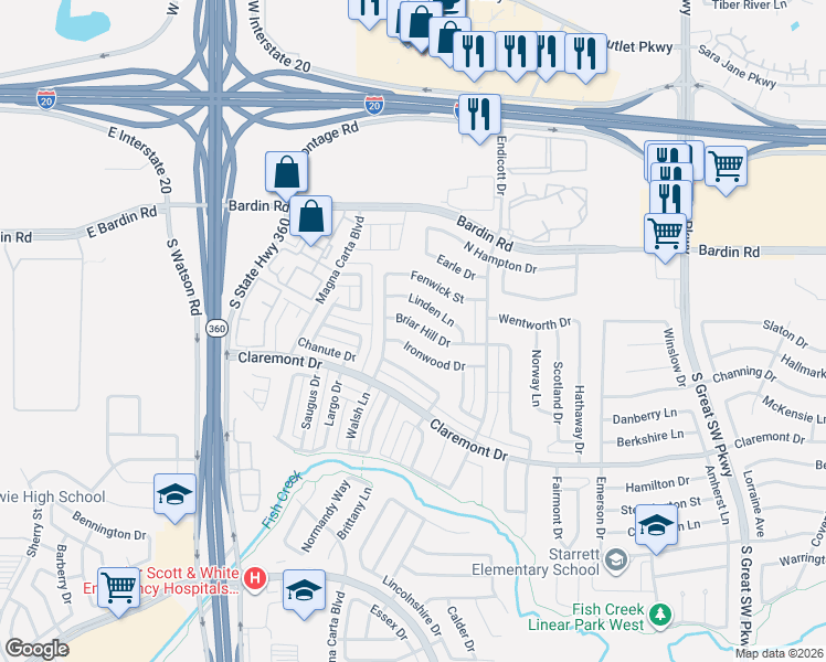map of restaurants, bars, coffee shops, grocery stores, and more near 2846 Briar Hill Drive in Grand Prairie