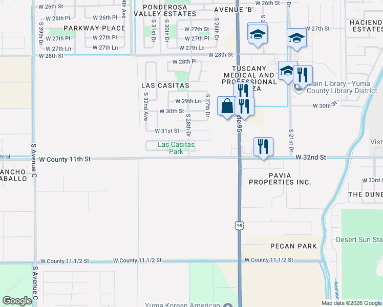map of restaurants, bars, coffee shops, grocery stores, and more near 2844-2898 West 31st Lane in Yuma