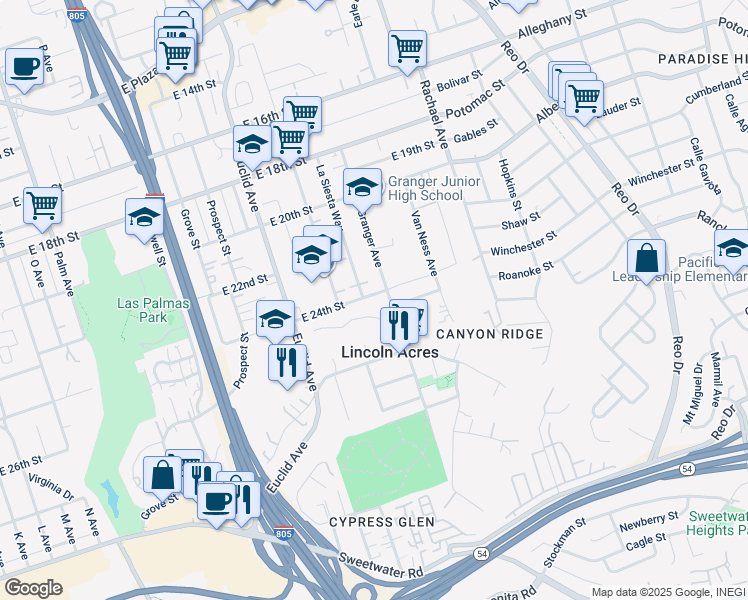map of restaurants, bars, coffee shops, grocery stores, and more near 2715 East 24th Street in National City
