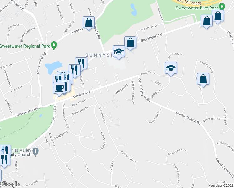 map of restaurants, bars, coffee shops, grocery stores, and more near 5378 Annie Laurie Lane in Bonita