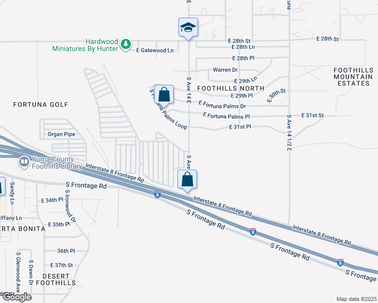 map of restaurants, bars, coffee shops, grocery stores, and more near 10890 South Avenue 14 East in Yuma