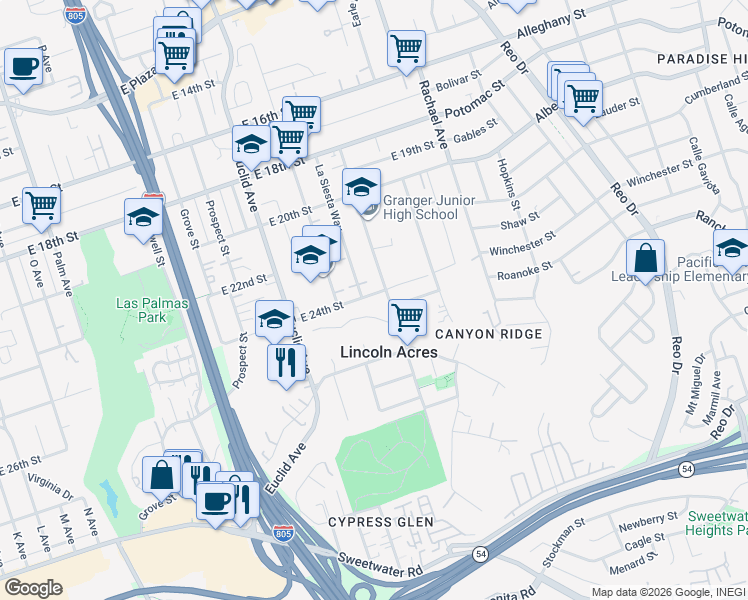 map of restaurants, bars, coffee shops, grocery stores, and more near 2715 East 24th Street in National City