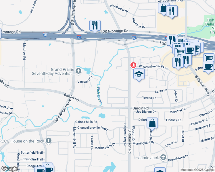 map of restaurants, bars, coffee shops, grocery stores, and more near 4219 Fall Creek Drive in Grand Prairie