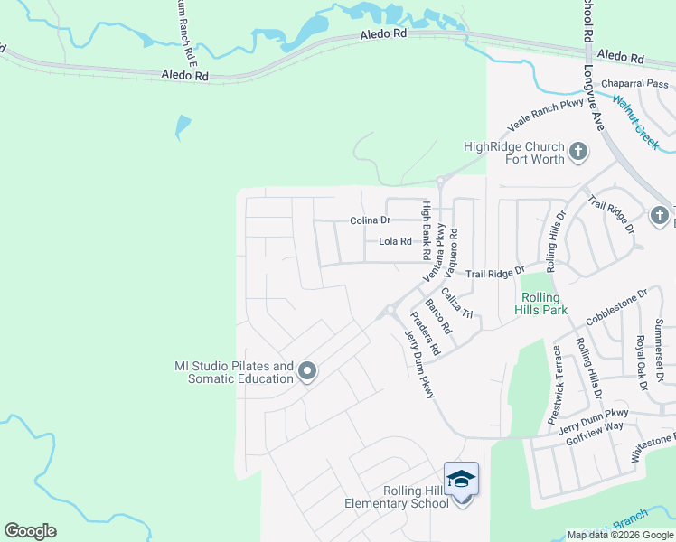 map of restaurants, bars, coffee shops, grocery stores, and more near 5541 Baker Creek Road in Fort Worth