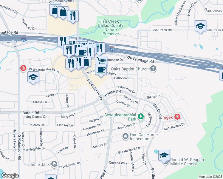 map of restaurants, bars, coffee shops, grocery stores, and more near 513 Edgeview Drive in Grand Prairie