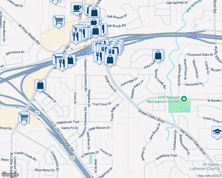 map of restaurants, bars, coffee shops, grocery stores, and more near 4804 Stage Line Drive in Arlington