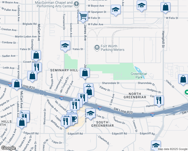 map of restaurants, bars, coffee shops, grocery stores, and more near 5201 James Avenue in Fort Worth
