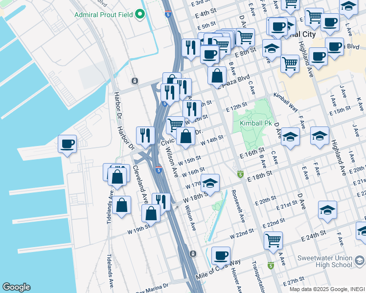 map of restaurants, bars, coffee shops, grocery stores, and more near 1312 Harding Avenue in National City