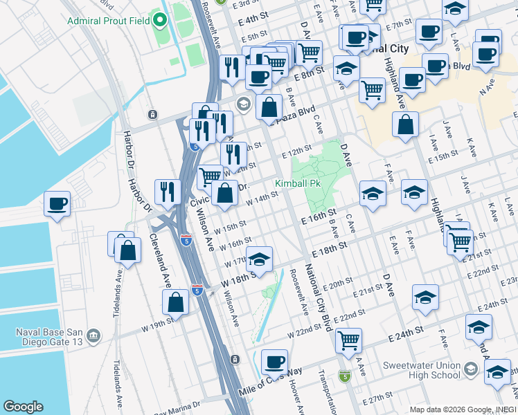 map of restaurants, bars, coffee shops, grocery stores, and more near 1419 Hoover Avenue in National City