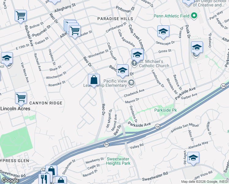 map of restaurants, bars, coffee shops, grocery stores, and more near 2785 Manos Drive in San Diego