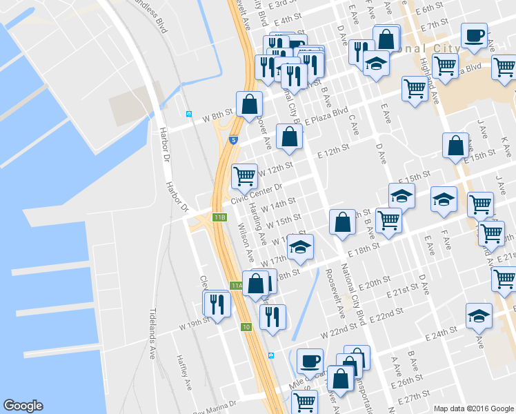 map of restaurants, bars, coffee shops, grocery stores, and more near 1312 Harding Avenue in National City