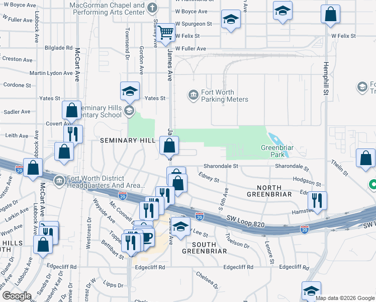 map of restaurants, bars, coffee shops, grocery stores, and more near 5201 James Avenue in Fort Worth