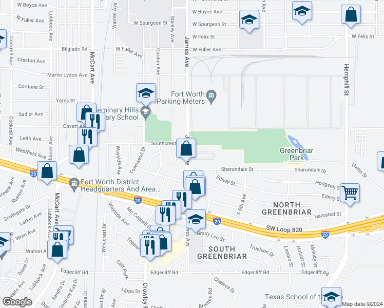 map of restaurants, bars, coffee shops, grocery stores, and more near 5201 James Avenue in Fort Worth