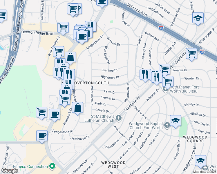 map of restaurants, bars, coffee shops, grocery stores, and more near 4705 South Drive West in Fort Worth