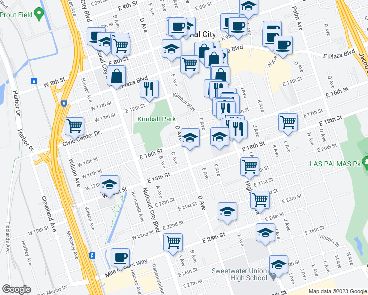 map of restaurants, bars, coffee shops, grocery stores, and more near D Avenue in National City