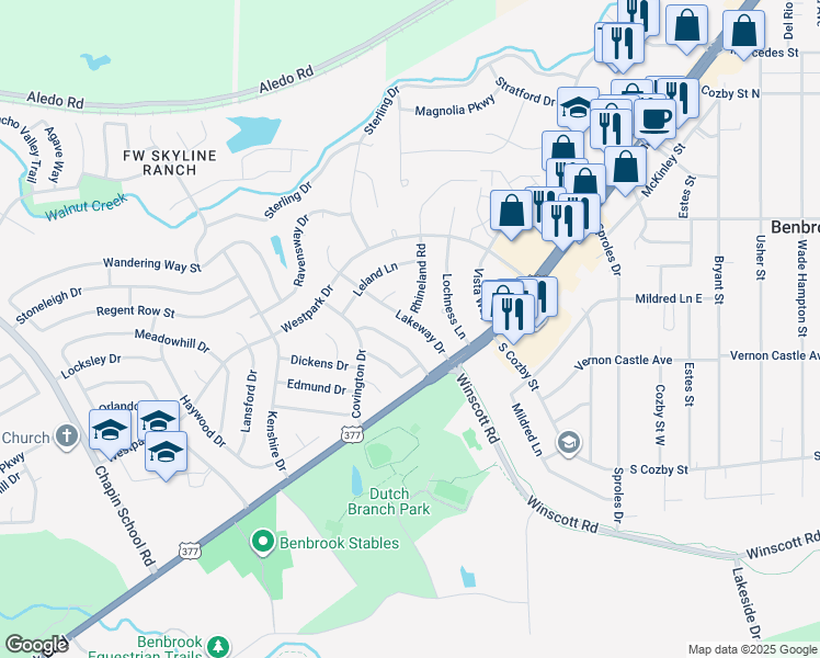 map of restaurants, bars, coffee shops, grocery stores, and more near 129 Lakeway Drive in Benbrook