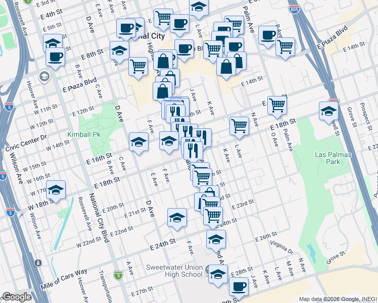 map of restaurants, bars, coffee shops, grocery stores, and more near 1745 Highland Avenue in National City