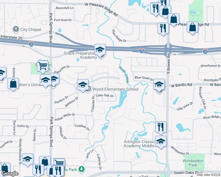map of restaurants, bars, coffee shops, grocery stores, and more near 3018 Oak Cove Road in Arlington