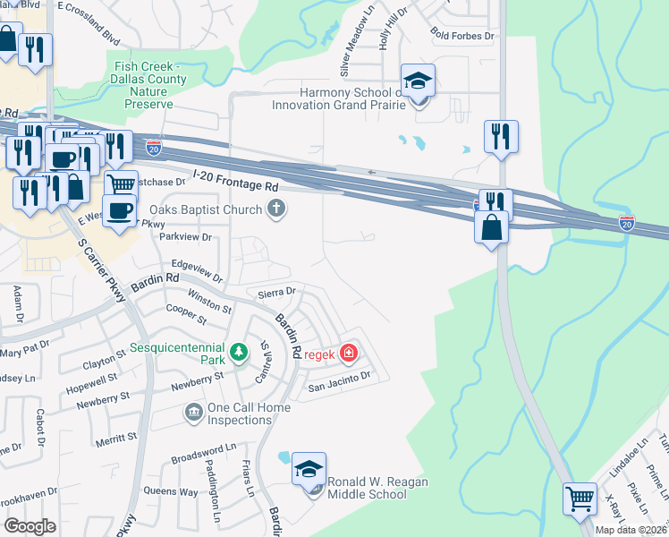 map of restaurants, bars, coffee shops, grocery stores, and more near 4302 Westcliff Road in Grand Prairie