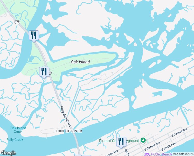 map of restaurants, bars, coffee shops, grocery stores, and more near 229 East Mariners Cay in Folly Beach