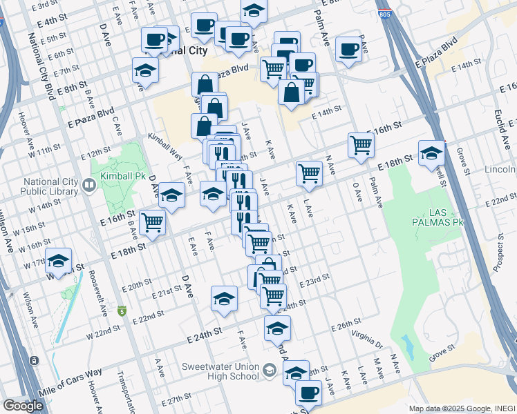 map of restaurants, bars, coffee shops, grocery stores, and more near 907 East 18th Street in National City