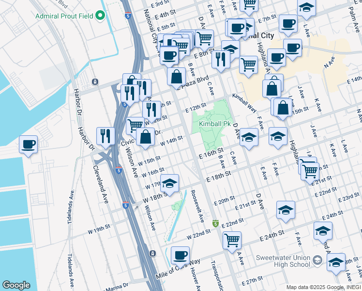 map of restaurants, bars, coffee shops, grocery stores, and more near in National City